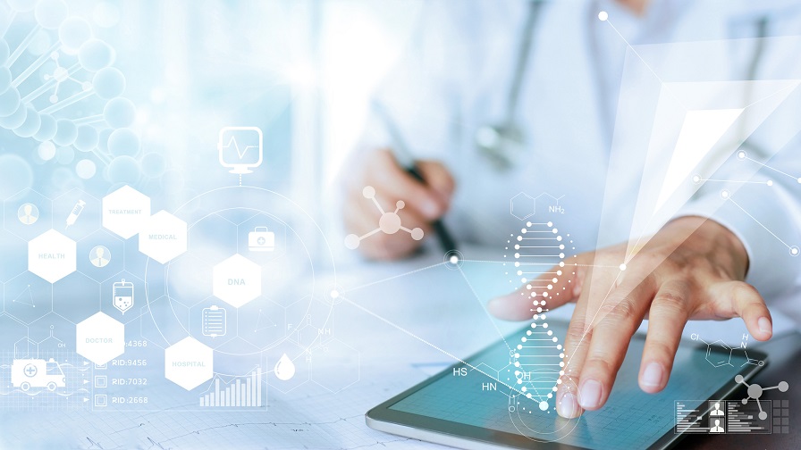 Medicine Doctor Hand Touching Computer Interface As Medical Network Connection With Modern Virtual Screen, Medical Technology Network Concept Blockchain données santé